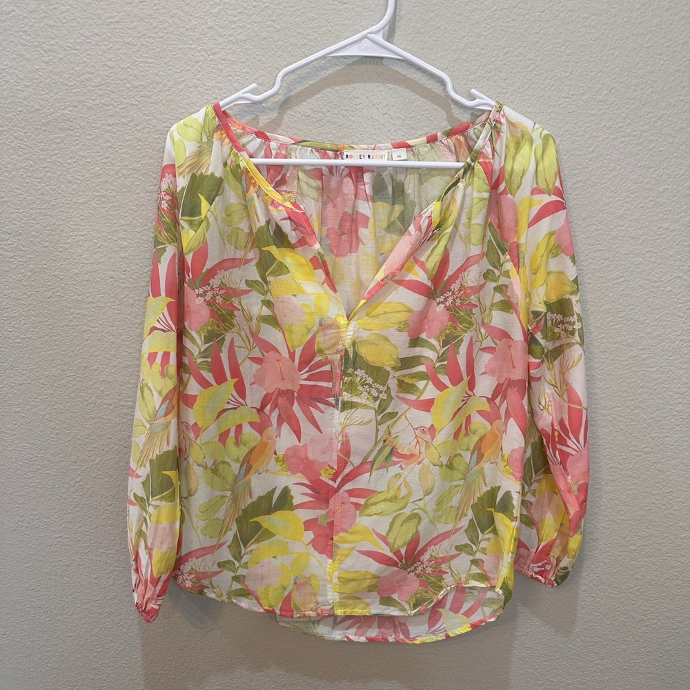 Roller Rabbit Tropical Bird Floral V-Neck Blouse XS Pink Yellow Cotton Silk